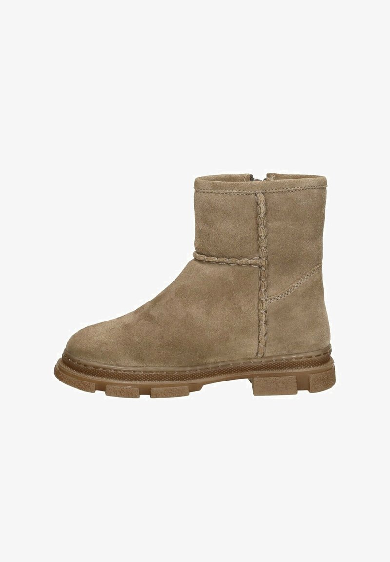 Wildleder-Ankle-Boots in Hellbraun mit strukturierter Oberfläche, mit geflochtenen Details, einer robusten Gummisohle und einem runden Zehendesign.