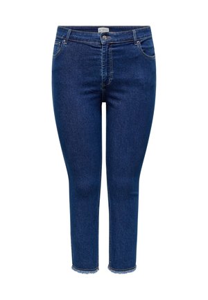 Mørkeblå denim capri jeans med høj talje, frontlommer og en frynset kant. Glat tekstur med et klassisk fem-lomme design.