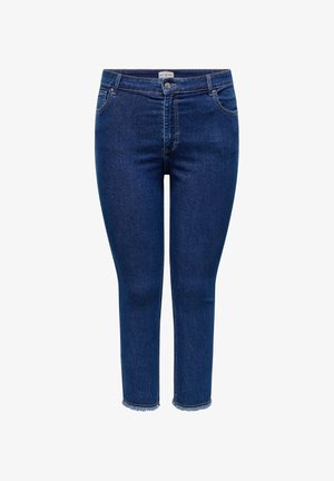 Mørkeblå denim capri jeans med høj talje, frontlommer og en frynset kant. Glat tekstur med et klassisk fem-lomme design.
