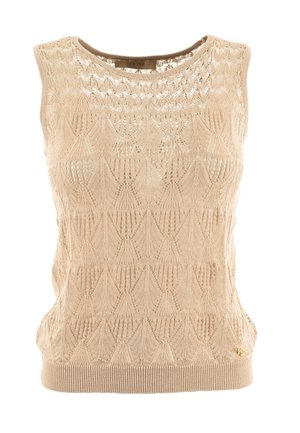 Top senza maniche beige in maglia con un motivo geometrico testurizzato, scollo rotondo e orlo a costine. Presenta un piccolo logo in evidenza sul lato.