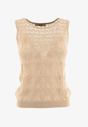 Top senza maniche beige in maglia con un motivo geometrico testurizzato, scollo rotondo e orlo a costine. Presenta un piccolo logo in evidenza sul lato.
