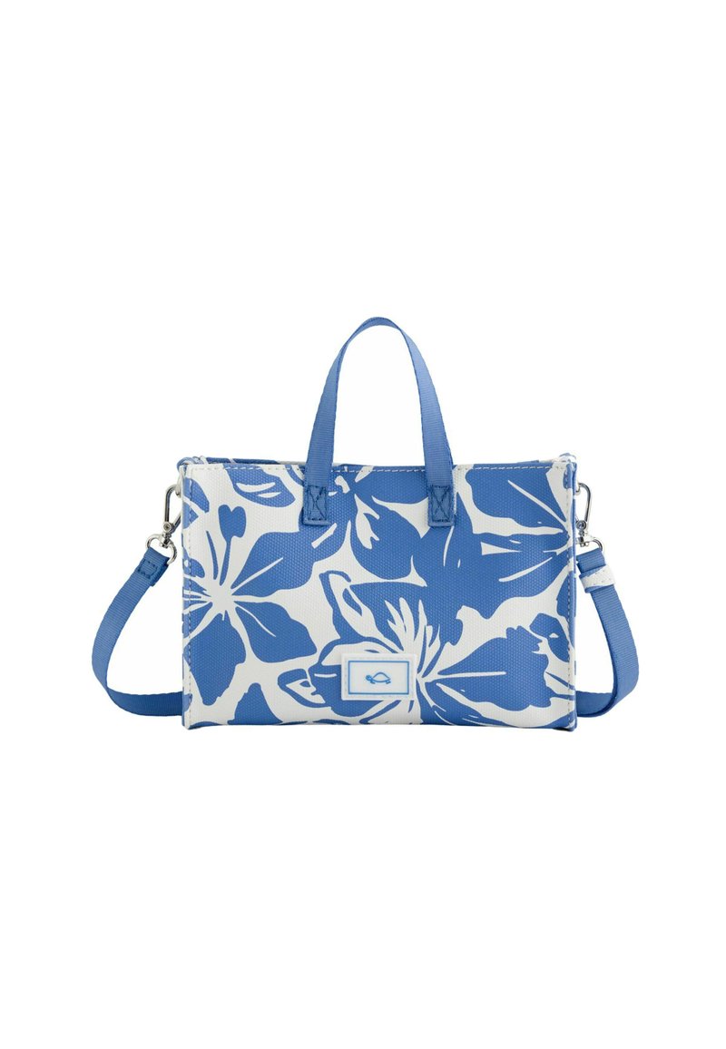 Blå og hvid blomsterprint håndtaske med dobbelte top-håndtag og en justerbar skulderrem. Fremstillet af holdbart materiale med et dekorativt logo.