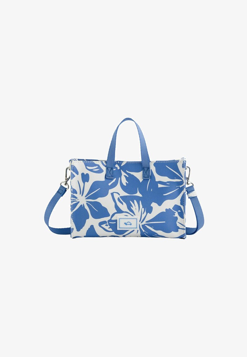 Blue and white floral print handbag with dual top handles and an adjustable shoulder strap. Made of durable material with a decorative logo.