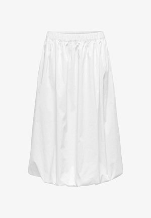 Witte midi-jurk met elastische tailleband, voorzien van een soepele, licht glanzende textuur en een geplooid ontwerp voor een volumineuze silhouet.