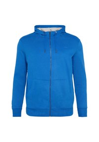 Niebieska bluza rozpinana wykonana z miękkiego materiału, z kapturem ze sznurkiem, dwiema przednimi kieszeniami i gładką teksturą. Widoczny zamek błyskawiczny.