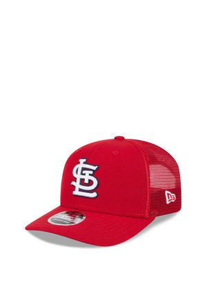 Red mesh baseball cap with white St. Louis Cardinals logo embroidered on front and New Era logo on side.