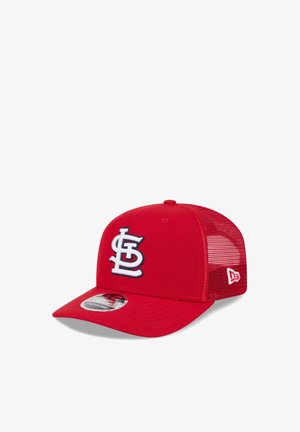 Red mesh baseball cap with white St. Louis Cardinals logo embroidered on front and New Era logo on side.