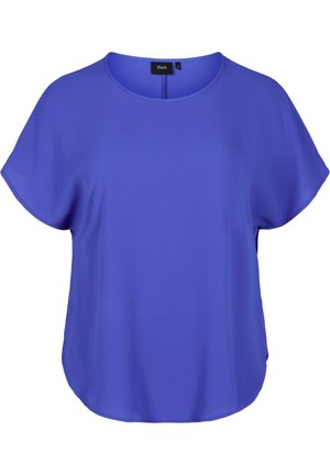 Løs kortærmet bluse i ensartet klar blå med rund halsudskæring og buet kant, mærket medium størrelse af Zizzi.