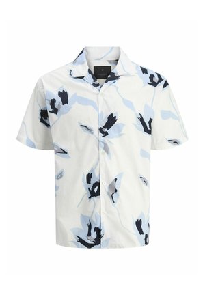 Krátky rukáv košele z ľahkého bieleho materiálu s kvetinovým vzorom v modrej, čiernej a sivej farbe. Zapínanie na gombíky a špicatý golier.