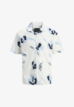 Lühikeste varrukatega särk kergest valgest kangast, millel on sinine, must ja hall lillemuster. Nööbiga eesmine osa ja terav krae disain.