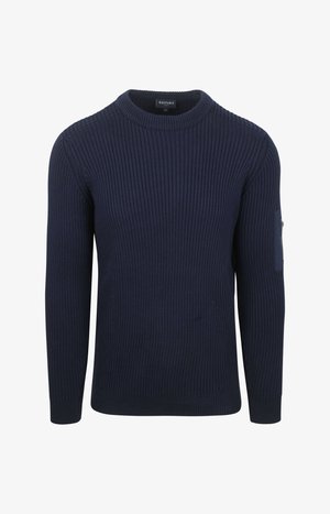 Marineblauwe ribgebreide trui met een ronde hals, lange mouwen en een ritszak op de linkerarm. De stof lijkt gestructureerd en duurzaam.