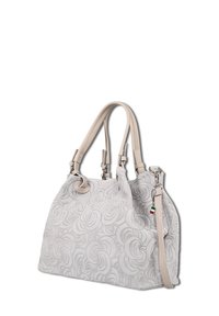 Light gray handbag with beige handles, embossed swirl pattern, and detachable shoulder strap with a small Italian flag charm.
