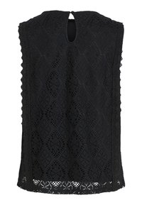 Juodas nėriniuotas viršus su prasiskverbiančiu nugaros iškirpimu, sudėtingu deimanto raštu, bangomis apipintu kraštu ir minkšta tekstūra. Be rankovių dizainas su visišku apdangalu.