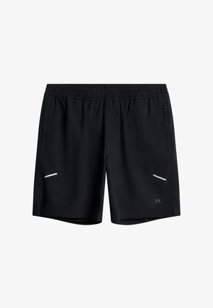 Czarne sportowe szorty z elastycznym paskiem w talii, dwoma bocznymi kieszeniami i elementami odblaskowymi. Gładki, lekki materiał o standardowym kroju.