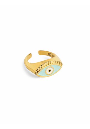 Bague ouverte en or avec un motif d’œil bleu clair et blanc centré sur le dessus.