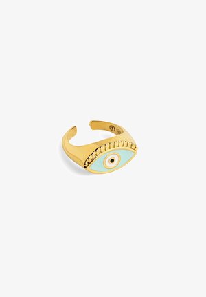 Bague ouverte en or avec un motif d’œil bleu clair et blanc centré sur le dessus.