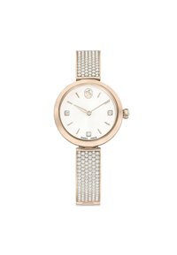 Okrągły, złoty zegarek z srebrną tarczą, czterema diamentowymi znacznikami godzinowymi i bransoletą wysadzaną cyrkoniami. Posiada grawerunek "Swiss Made".