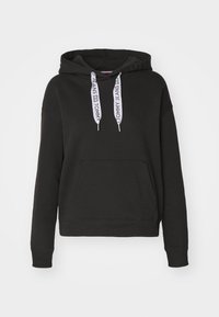 Black hooded sweatshirt made of soft cotton blend, featuring a kangaroo pocket and adjustable drawstrings with "TOMMY JEANS" branding.