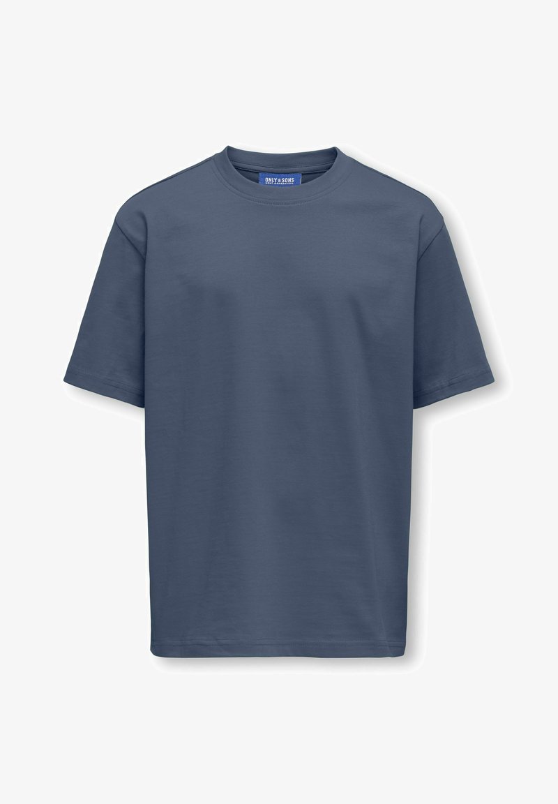 Mørkeblå kortærmet t-shirt, lavet af blødt stof, har rund hals og simpel pasform. Ingen synlige mønstre eller udsmykninger.