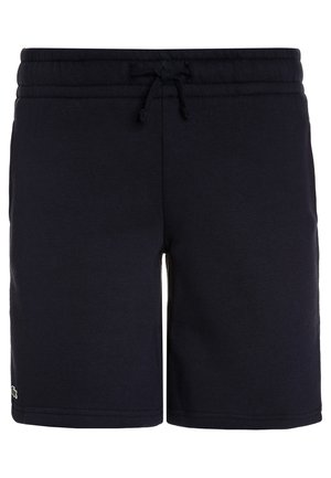 Zwarte knielange korte broek met elastische tailleband en vooraan trekkoord, klein geborduurd logo nabij de onderzoom aan de linkerpijp.