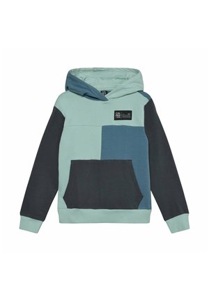 Felpa con cappuccio per bambini con design a blocchi di colore in verde chiaro, blu e grigio scuro, con tasca frontale e patch logo sul petto.