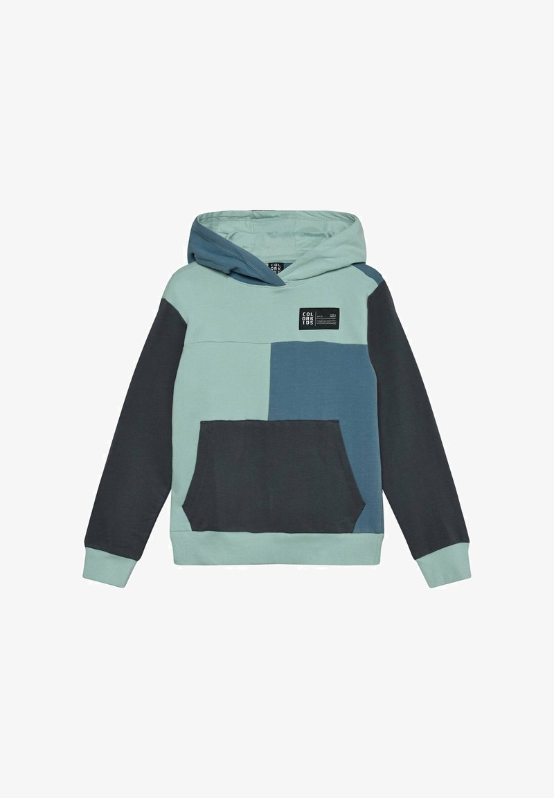 Sweat à capuche pour enfants avec design bicolore en vert clair, bleu et gris foncé, avec poche avant et écusson logo sur la poitrine.