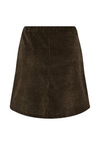 Brun fløjlsnederdel med lodret ribbet tekstur, der har en elastisk talje og en udvidet form. Glat, blødt stoffinish.