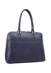 Sac en cuir marine avec deux poignées supérieures, fermeture éclair et quincaillerie dorée. Texture lisse avec des accents cousus et des pieds en métal.