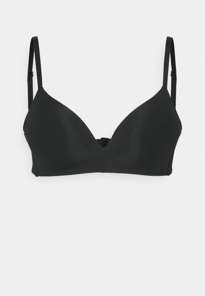 Black wireless bra with a smooth texture, V-shaped neckline, adjustable straps, and a hook closure at the back. Simple, minimal design.