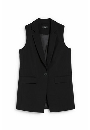Zwarte mouwloze getailleerde blazer-vest met inkeping revers, sluiting met één knoop en twee voorzakken met klep.