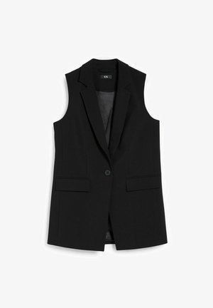 Zwarte mouwloze getailleerde blazer-vest met inkeping revers, sluiting met één knoop en twee voorzakken met klep.