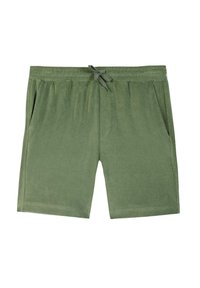 Shorts en velours vert avec une taille élastique, un cordon de serrage, deux poches latérales et une texture lisse. Longueur mi-cuisse.