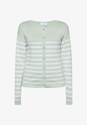 Lysegrøn cardigan med hvide vandrette striber, rund halsudskæring og forknaplukning med seks grønne knapper.