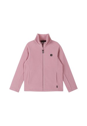 Weiche rosa Fleecejacke mit durchgehendem Frontreißverschluss, Stehkragen, langen Ärmeln und zwei Seitentaschen.