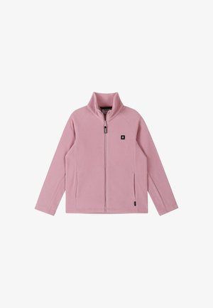 Veste polaire rose douce avec fermeture éclair intégrale à l'avant, col montant, manches longues et deux poches latérales.