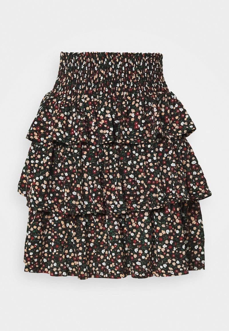 Jupe courte noire à volants avec petit motif floral rouge, jaune et blanc et large ceinture élastiquée. Aucune personne présente.