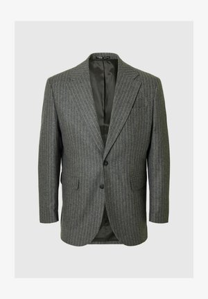 Grijze pinstripe blazer met een gelapt revers, twee knopen en twee voorkruimelzakken. De binnenzijde is gevoerd met een donkere stof.