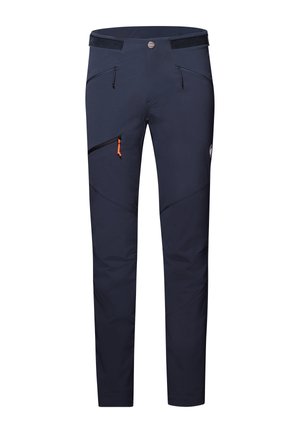 Navy softshell broek met een slim fit. Bevat schuine ritszakken en een oranje ritslap. Textuurstof met gearticuleerde naden voor flexibiliteit.