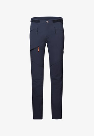 Marineblaue Softshell-Hosen mit schlanker Passform. Mit schrägen Reißverschlusstaschen und orangefarbener Reißverschlusslasche. Texturiertes Gewebe mit ergonomischen Nähten für optimale Beweglichkeit.