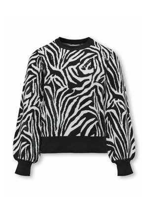 Swartrandet sweater med zebra-mønster, lange ærmer, ribbede manchetter og rund hals, der har et struktureret strikdesign.