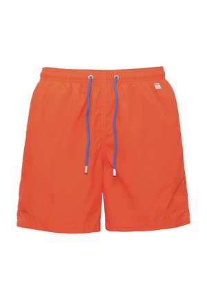 Costume da bagno da uomo arancione brillante con elastico in vita e cordoncini blu, piccola etichetta bianca del marchio sul lato destro.