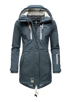 Blaue wasserdichte Damenparka mit Kapuze, Reißverschluss und Druckknopfverschlüssen, mehreren Reißverschlusstaschen, verstellbaren Bündchen und Kordelzug am Saum.