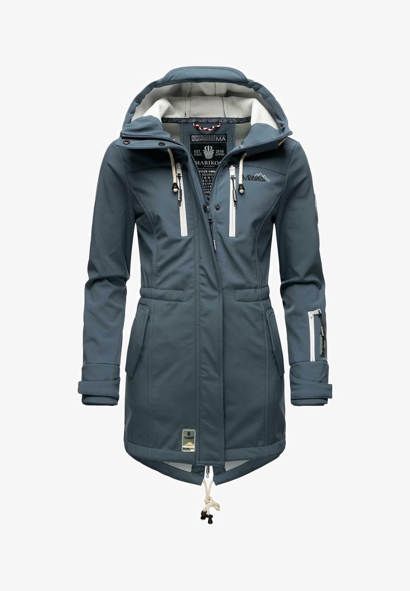 Parka étanche bleue pour femmes avec capuche, fermeture éclair et boutons-pression, plusieurs poches zippées, poignets ajustables et ourlet à cordon de serrage.
