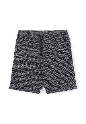 Schwarz-weiße gemusterte Shorts mit geometrischem Design, elastischem Bund und Kordelzug, aus leichtem Stoff gefertigt.