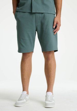 Man draagt turquoise gestructureerde korte broek en witte sneakers, staat met handen gedeeltelijk in de zakken tegen een witte achtergrond.
