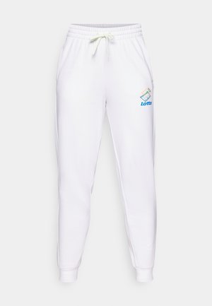 Pantaloni della tuta bianchi con elastico in vita e cordoncino regolabile. Presentano un logo Lotto blu e multicolore sulla coscia sinistra.