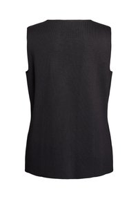 Čierny tielkový top bez rukávov s okrúhlym výstrihom, vyrobený z textúrovaného materiálu. Dizajn je čistý a jednoduchý bez zapínania.