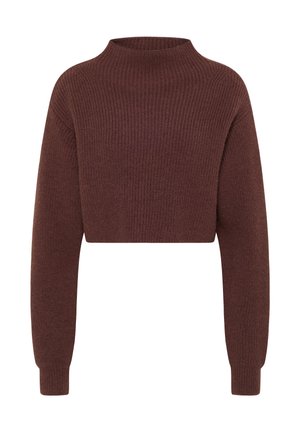 Sweter z dzianiny w kolorze ciemnobrązowym, krótkiego kroju. Wysoki kołnierz, długie rękawy, tekstura ściągacza, jednolity kolor bez wzorów i dodatkowych akcentów.