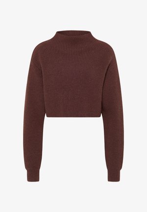 Sweter z dzianiny w kolorze ciemnobrązowym, krótkiego kroju. Wysoki kołnierz, długie rękawy, tekstura ściągacza, jednolity kolor bez wzorów i dodatkowych akcentów.