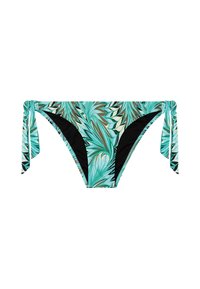 Bikini-Unterteile in Türkis mit einem Blättermuster; verfügen über Schnüre an den Seiten und eine schwarze Fütterung. Glattes Material mit einer enganliegenden Passform.